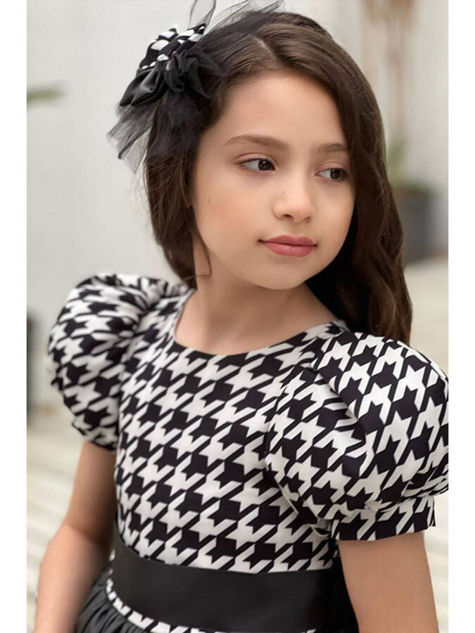 Black Dress with Balloon Sleeves, Checkered Leather Skirt, Tulle Detail for Girls 2-12 Years Old - 2