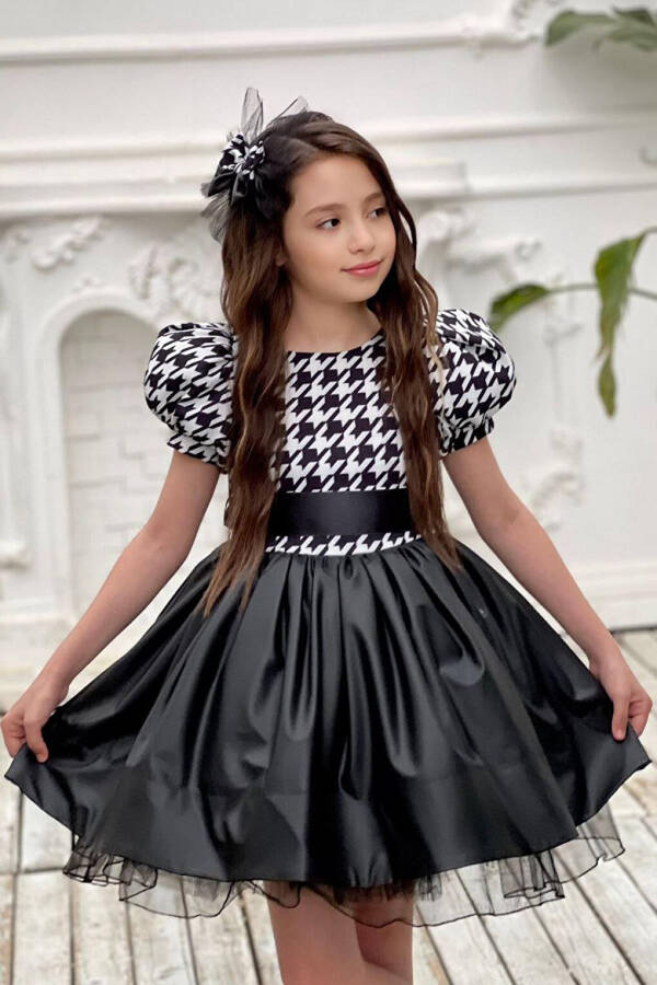 Black Dress with Balloon Sleeves, Checkered Leather Skirt, Tulle Detail for Girls 2-12 Years Old - 3