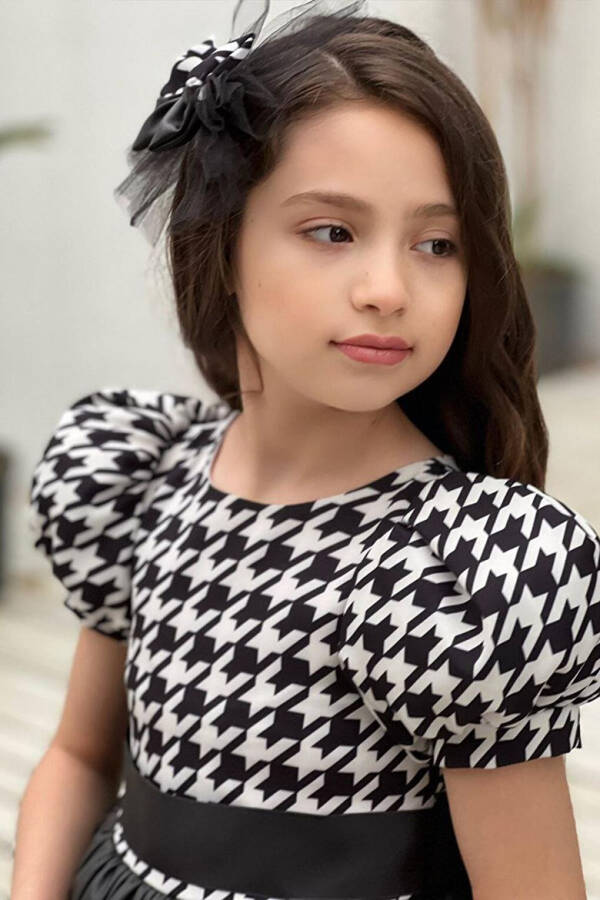 Black Dress with Balloon Sleeves, Checkered Leather Skirt, Tulle Detail for Girls 2-12 Years Old - 4