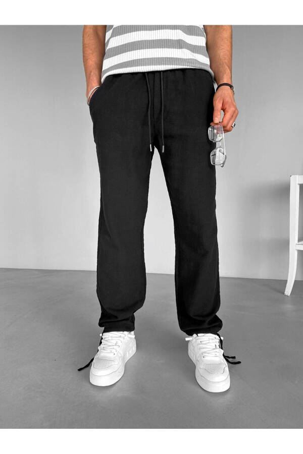 Black Elastic Waist Summer Relaxed Fit Stretch Cotton Linen Trousers - 22