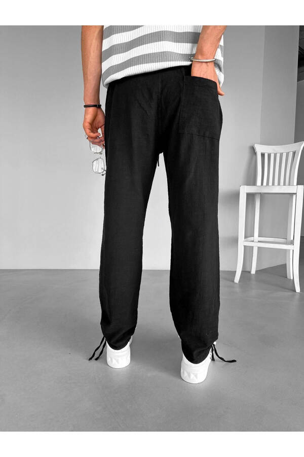 Black Elastic Waist Summer Relaxed Fit Stretch Cotton Linen Trousers - 23