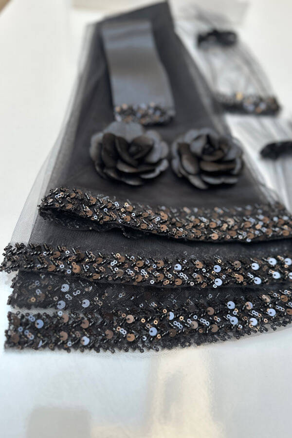 Black Elegant Bridal Veil Set, Water Stone Henna Veil Set 6 Pieces, Sequined Veil - 44