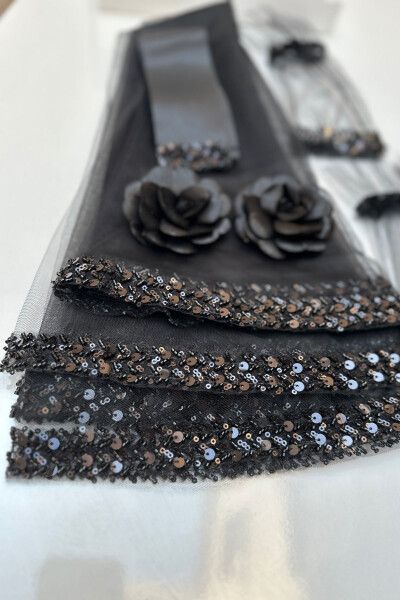 Black Elegant Bridal Veil Set, Water Stone Henna Veil Set 6 Pieces, Sequined Veil - 37