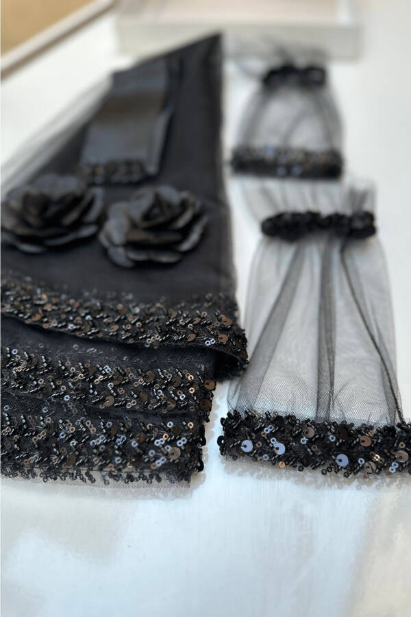 Black Elegant Bridal Veil Set, Water Stone Henna Veil Set 6 Pieces, Sequined Veil - 38