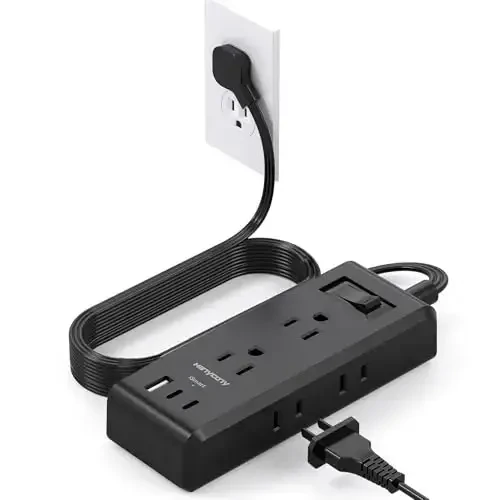 Black Extension Cord 10 Ft, HANYCONY Ultra-Thin Flat Plug Power Strip with 6 Outlets and 3 USB Ports (2 USB C), Long Extension Cord with Multiple Outlets for College Dorm Room Office Desk Essentials - 1
