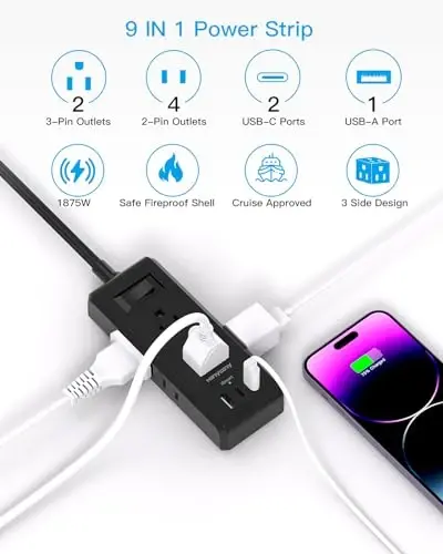 Black Extension Cord 15 Ft, HANYCONY Long Cord Ultra-Thin Flat Plug Power Strip with 6 Outlets and 3 USB Ports (2 USB C), Wall Mount for College Dorm Room Home Office Desk Essentials - 4