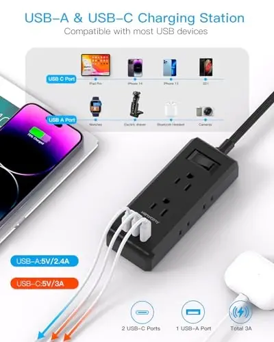 Black Extension Cord 15 Ft, HANYCONY Long Cord Ultra-Thin Flat Plug Power Strip with 6 Outlets and 3 USB Ports (2 USB C), Wall Mount for College Dorm Room Home Office Desk Essentials - 5