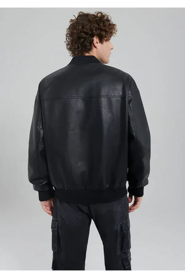 Black Faux Leather Bomber Jacket Oversize / Wide Fit 0110317-71379 - 21