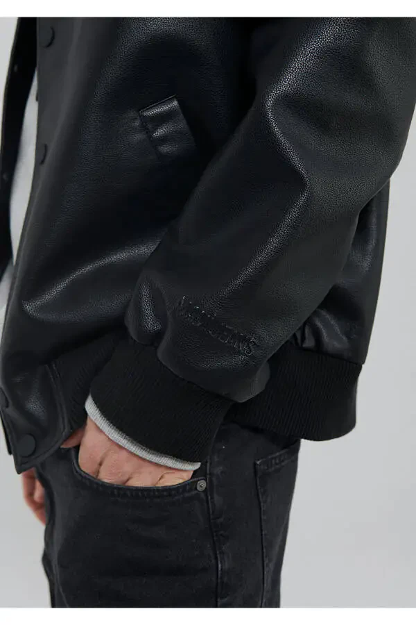 Black Faux Leather Bomber Jacket Oversize / Wide Fit 0110317-71379 - 22