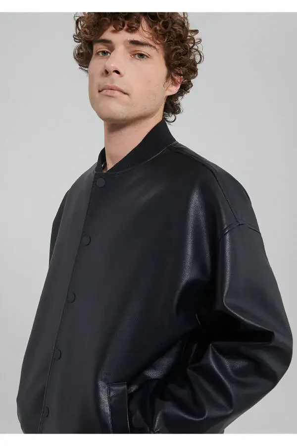 Black Faux Leather Bomber Jacket Oversize / Wide Fit 0110317-71379 - 24