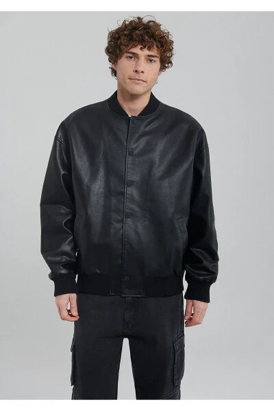 Black Faux Leather Bomber Jacket Oversize / Wide Fit 0110317-71379 - 9