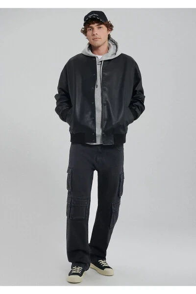 Black Faux Leather Bomber Jacket Oversize / Wide Fit 0110317-71379 - 10