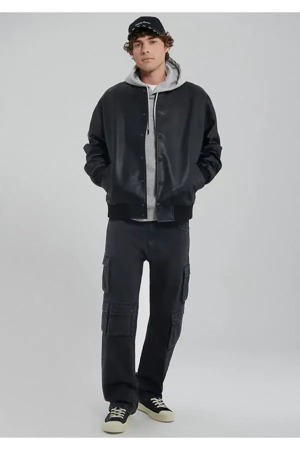 Black Faux Leather Bomber Jacket Oversize / Wide Fit 0110317-71379 - 2