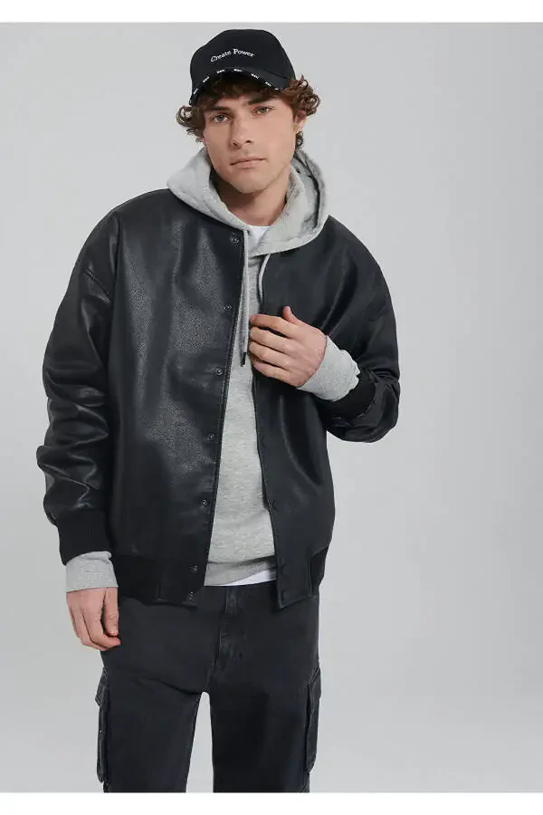 Black Faux Leather Bomber Jacket Oversize / Wide Fit 0110317-71379 - 3