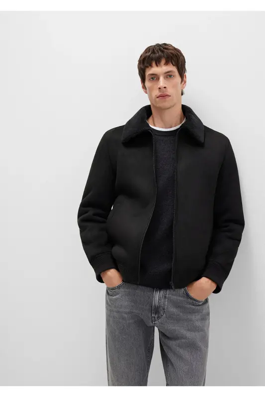 Black faux leather jacket, regular fit. - 1