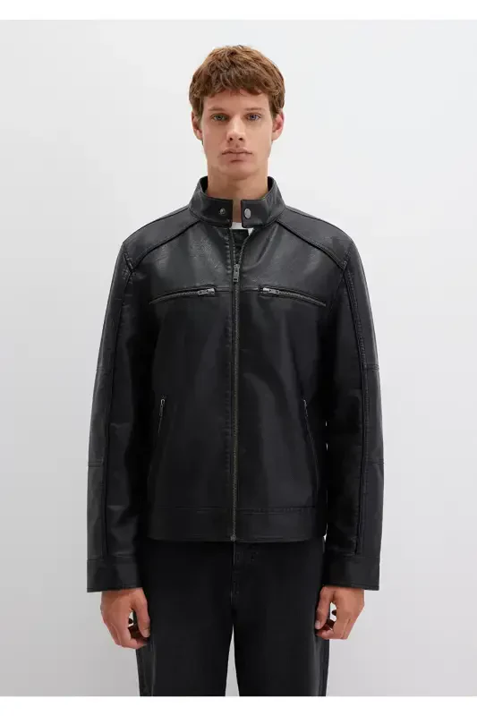 Black Faux Leather Jacket Slim Fit / Skinny Fit 0110438-71379 - 3