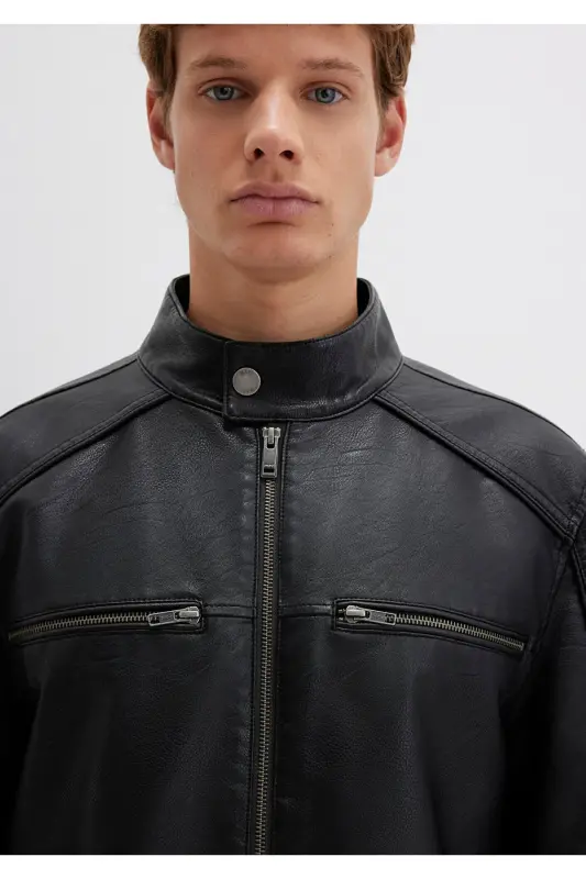 Black Faux Leather Jacket Slim Fit / Skinny Fit 0110438-71379 - 5