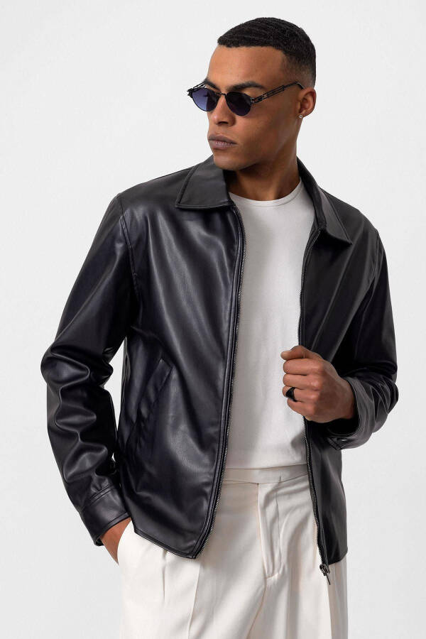 Black Faux Leather Men's Jacket - 17