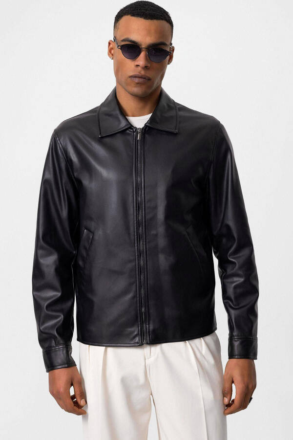 Black Faux Leather Men's Jacket - 21