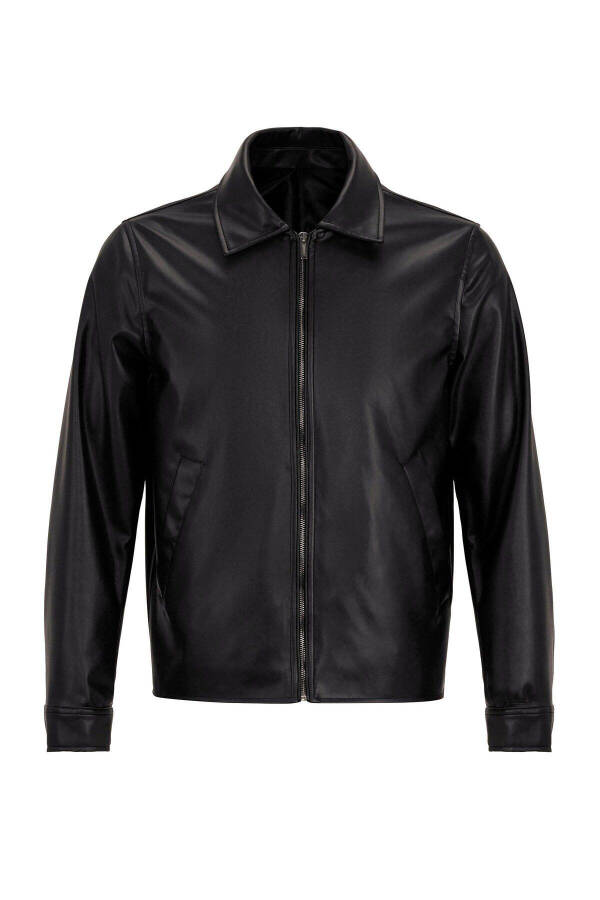 Black Faux Leather Men's Jacket - 24