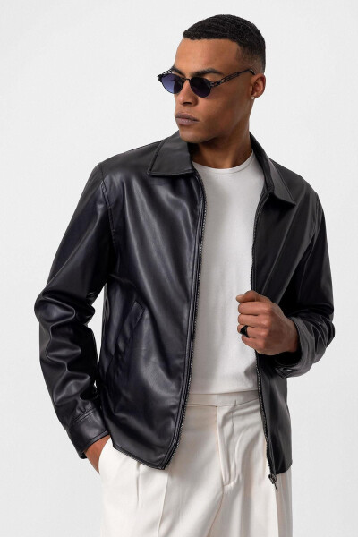 Black Faux Leather Men's Jacket - 9