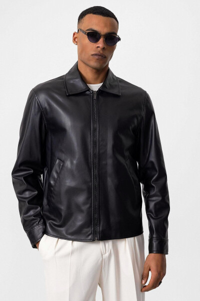 Black Faux Leather Men's Jacket - 12