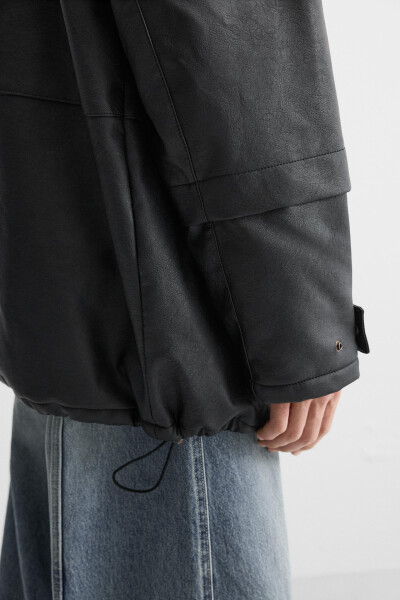 Black faux leather parka - 6