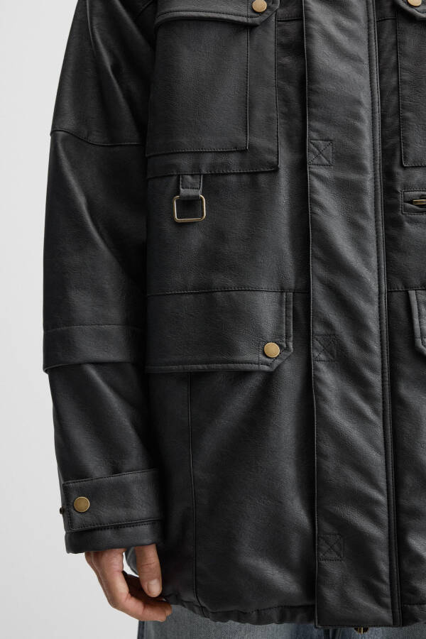 Black faux leather parka - 7