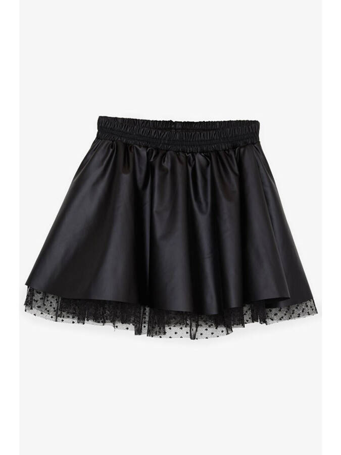 Black Faux Leather Skirt with Tulle and Elastic Waist for Girls (8-12 Years) - 1