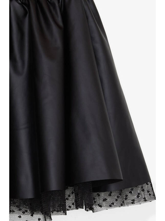 Black Faux Leather Skirt with Tulle and Elastic Waist for Girls (8-12 Years) - 4