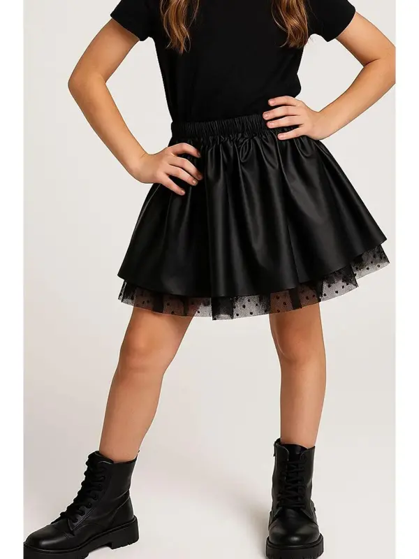 Black Faux Leather Skirt with Tulle and Elastic Waist for Girls (8-12 Years) - LC WAIKIKI
