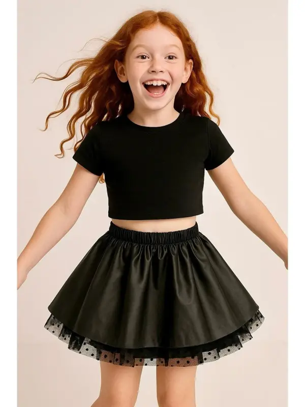 Black Faux Leather Skirt with Tulle and Elastic Waist for Girls (8-12 Years) - 2
