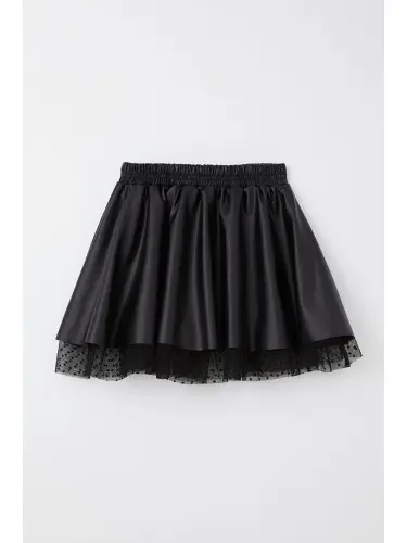 Black Faux Leather Skirt with Tulle and Elastic Waist for Girls (8-12 Years) - 3