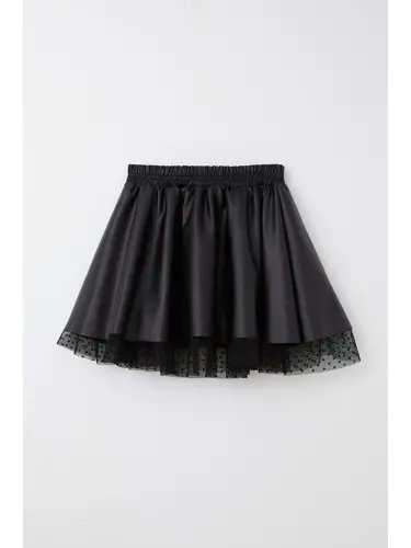 Black Faux Leather Skirt with Tulle and Elastic Waist for Girls (8-12 Years) - 4