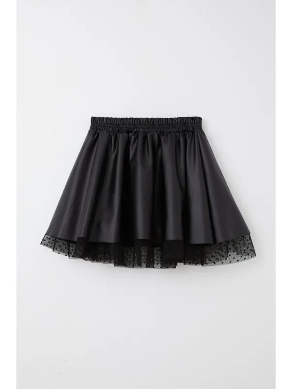 Black Faux Leather Skirt with Tulle and Elastic Waist for Girls (8-12 Years) - 4