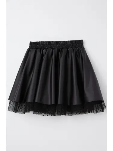 Black Faux Leather Skirt with Tulle and Elastic Waist for Girls (8-12 Years) - 5