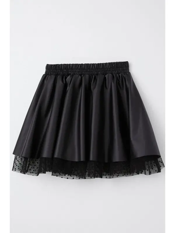 Black Faux Leather Skirt with Tulle and Elastic Waist for Girls (8-12 Years) - 5