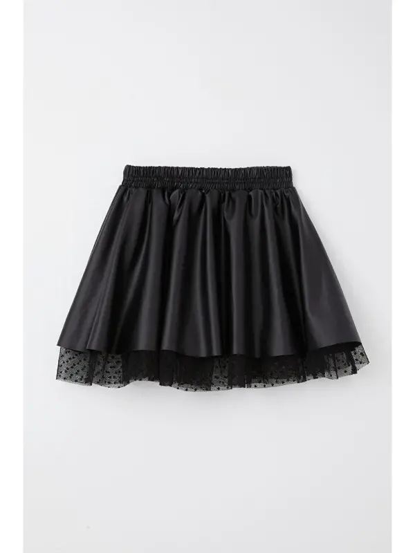 Black Faux Leather Skirt with Tulle and Elastic Waist for Girls (8-12 Years) - 5
