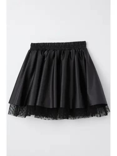 Black Faux Leather Skirt with Tulle and Elastic Waist for Girls (8-12 Years) - 7