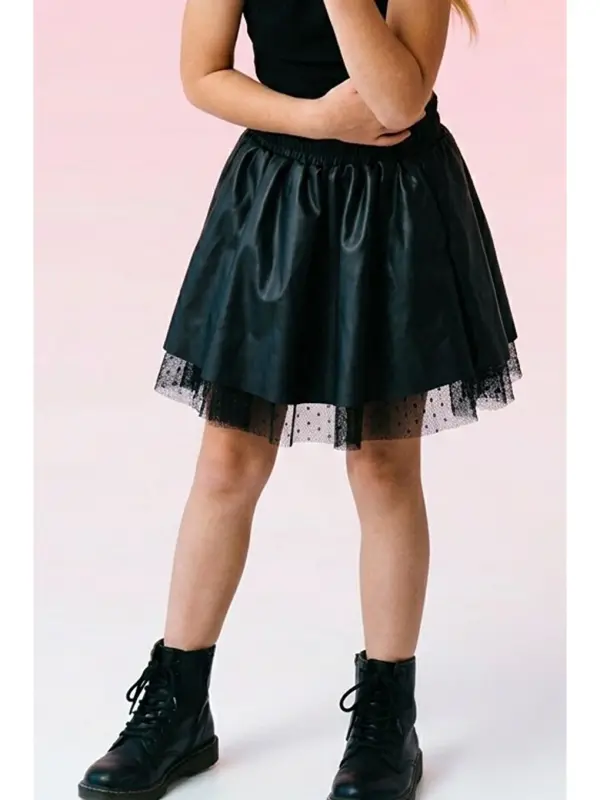 Black Faux Leather Skirt with Tulle and Elastic Waist for Girls (8-12 Years) - 1