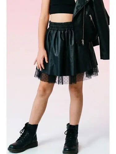 Black Faux Leather Skirt with Tulle and Elastic Waist for Girls (8-12 Years) - 2