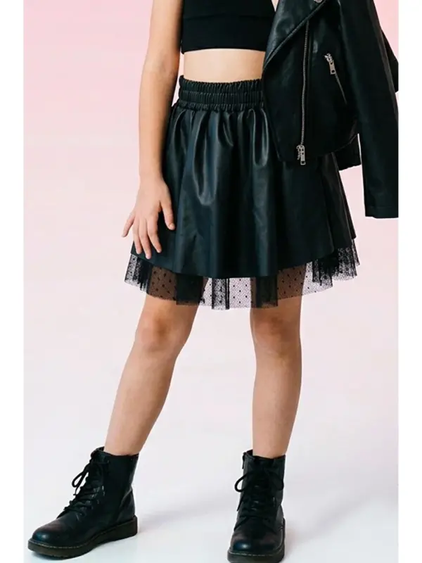 Black Faux Leather Skirt with Tulle and Elastic Waist for Girls (8-12 Years) - 2