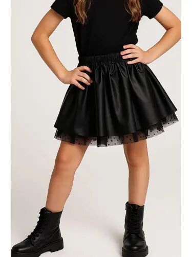 Black Faux Leather Skirt with Tulle and Elastic Waist for Girls (8-12 Years) - 3
