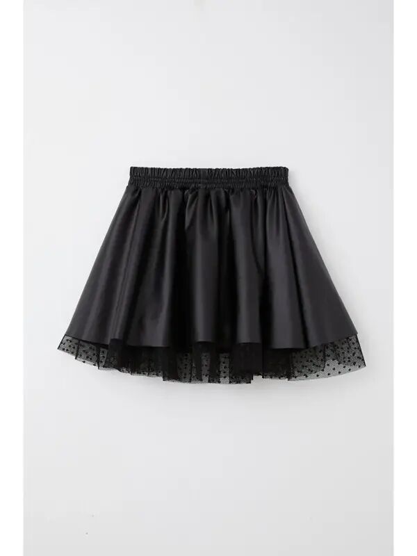 Black Faux Leather Skirt with Tulle and Elastic Waist for Girls (8-12 Years) - 6