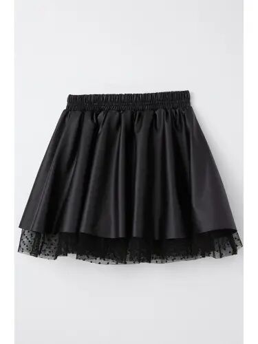 Black Faux Leather Skirt with Tulle and Elastic Waist for Girls (8-12 Years) - 7