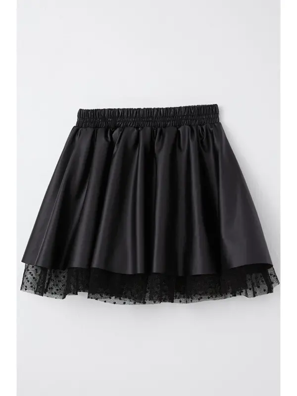 Black Faux Leather Skirt with Tulle and Elastic Waist for Girls (8-12 Years) - 7