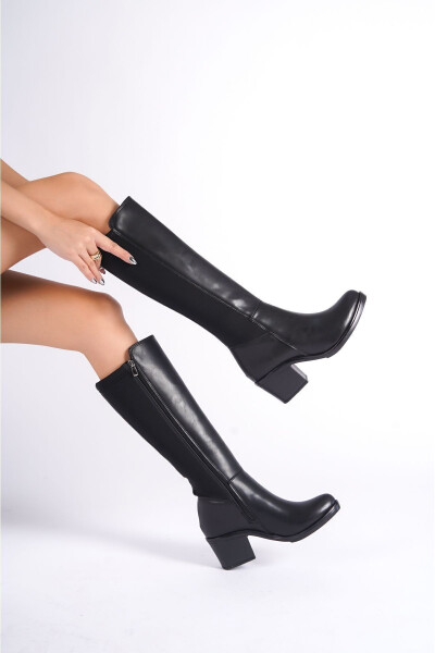 Black, faux leather, zippered long boots - 1