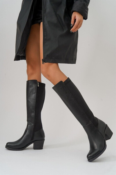 Black, faux leather, zippered long boots - 2