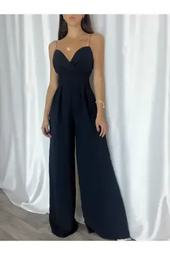 Black Flexible Crepe Fabric Strappy Crossover Neckline Long Evening Jumpsuit 582101 697-BLACK WOVEN CREPE - 1