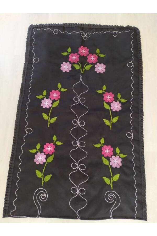 Black Floral Cross-Stitch Garden Rug - 1